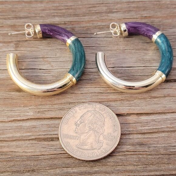 Vintage 1 1/4" Gold Over Sterling Purple and Teal Resin Hoop Earrings - Picture 6 of 6